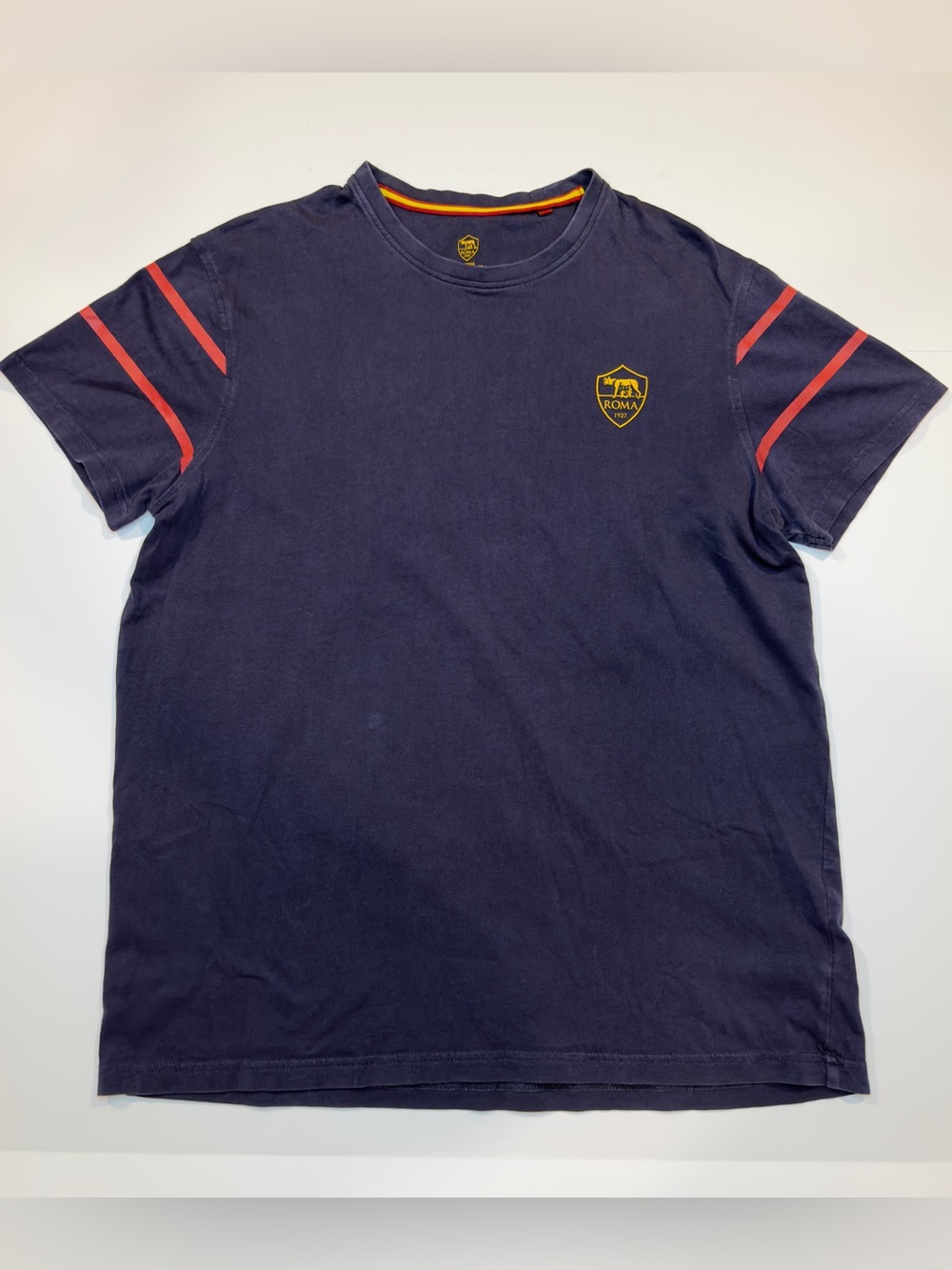 Roma Navy Short Sleeve Crewneck T-Shirt with Red Sleeve Stripes and Yellow Crest